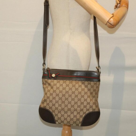 GUCCI GG Canvas Web Sherry Line Shoulder Bag Beige Red Green - Picture 1 of 16
